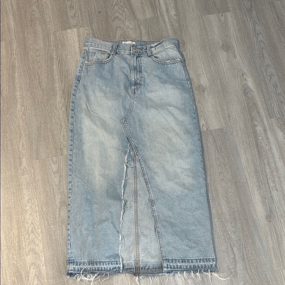 Zara Blue Maxi Denkm Skirt with Slit Frayed Hem